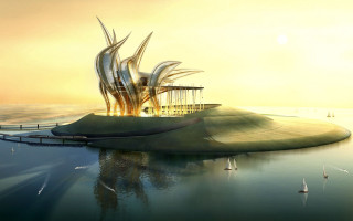 Futuristic floating island building dock 2 - basuki abdullah free wallpaper