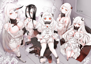 Anime girls sitting floor room 3 - a wall behind them free wallpaper