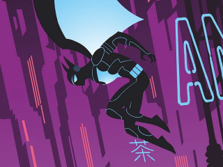 Batman flying bat city background - synthwave style free wallpaper for desktop