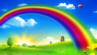 Rainbow field windmill tree blue - rich vivid color free wallpaper