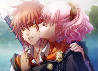 Anime kiss pink hair horns - a black jacket free wallpaper