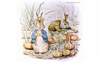 Rabbits garlic field sitting together - storybook illustration free wallpaper