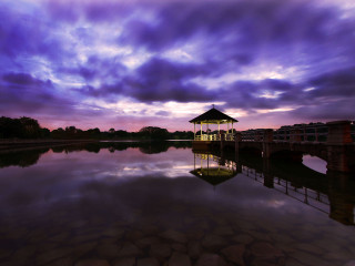 Gazebo lake sunset purple sky - a bridge in the distance free wallpaper for desktop