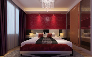 Bedroom red wall white bed - 3 d free wallpaper