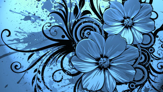 Blue flower black swirls white - modern european ink painting free wallpaper for desktop
