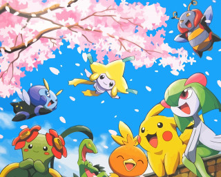 Pokemon flying cherry blossom tree - a group of pokemons free wallpaper