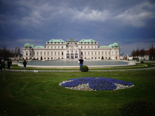 Large white building fountain blue - viennese actionism free wallpaper