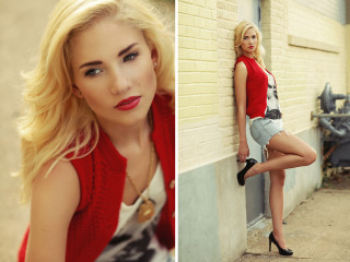 Woman red top denim shorts 4 - a woman leaning against a wall free wallpaper