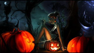 Woman sitting pumpkin lantern forest - dark fantasy art free wallpaper