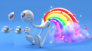White robot running rainbow clouds - a white robot free wallpaper