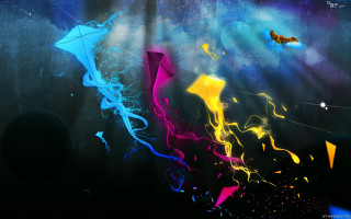 Kites flying sky planet clouds - abstract art free wallpaper