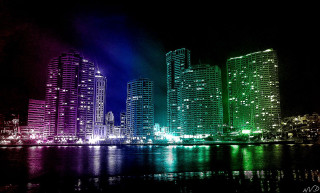 City skyline rainbow light reflection - neon color free wallpaper