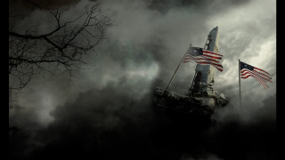 Tower american flags dark clouds - cinematic matte painting free wallpaper