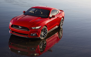Red mustang parked wet beach - a red mustang mustang free wallpaper