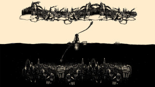 City skyline flying person kite - steampunk free wallpaper