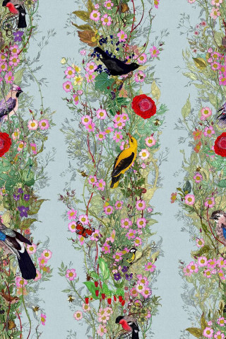 Blue background birds flowers pattern - exquisite detail free wallpaper