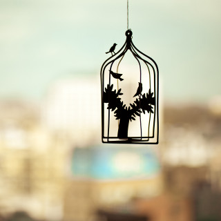 Bird cage wire city tree - magical realism free wallpaper for tablet
