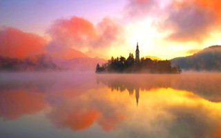 Lake church sunset clouds sky - ferenc joachim free wallpaper