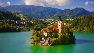 Small island church lake mountains 6 - a town free wallpaper for desktop