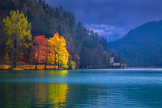 Lake church trees cloudy sky - mystical color free wallpaper for desktop