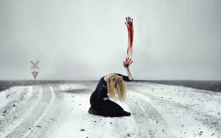 Woman kneeling snowy road holding - brooke shaden free wallpaper