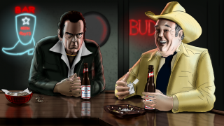 Men sitting table beer bottles - movie scene free wallpaper