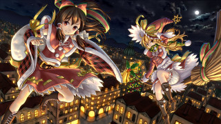 Anime characters flying city night - over a city free wallpaper