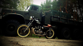 Motorcycle truck woods green matte - dieselpunk free wallpaper