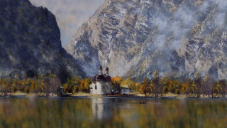 Church mountain lake painting background - anton otto fischer free wallpaper