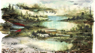 Lake house trees bird flying - a painting of a lake free wallpaper