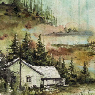House woods mountain lake painting - free landscape wallpaper for tablet