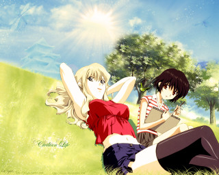 Anime girls grass field sunny - top of a grass free wallpaper