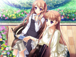 Anime girls flowers watering can - official art free wallpaper for desktop