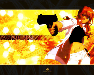Girl holding gun pointing camera - a yellow background behind her free wallpaper