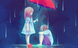 Two little girls rain umbrella - one holding free wallpaper
