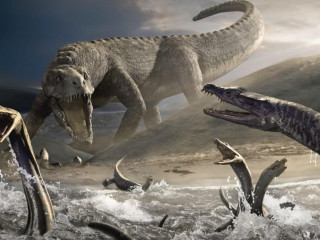 Dinosaurs beach water shark group - epic scale free wallpaper for desktop