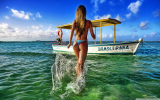 Woman bikini surfboard ocean boat - cinematic photography free wallpaper