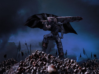 Man sword pile skulls field - dark fantasy art free wallpaper