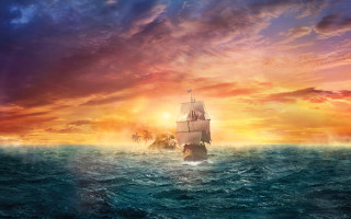 Ship sailing ocean sunset clouds - cinematic matte painting free wallpaper for desktop