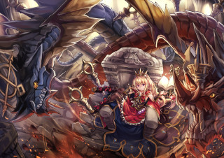 Woman gun dragon demon sword - her hand and a demon in the background free wallpaper