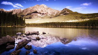 Mountain range reflection lake rocks 8 - rock and trees free wallpaper