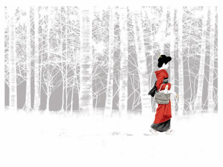 Woman red dress walking forest 2 - a snowboard free wallpaper