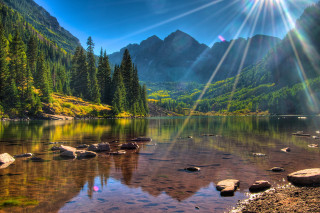 Mountain lake trees rocks sunlight - the water and mountains free wallpaper