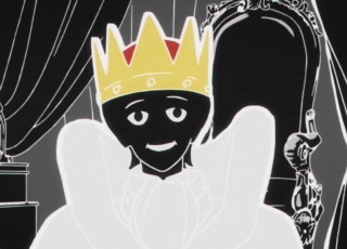 Cartoon man crown chair suitcase - a curtain behind free wallpaper