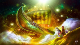 Ship floating sky man horse - fantasy artwork free wallpaper