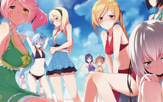 Anime girls beach sky clouds 2 - a detailed drawing free wallpaper for desktop