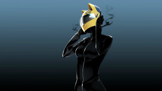Woman black dress yellow helmet - her head and a cigarette free wallpaper