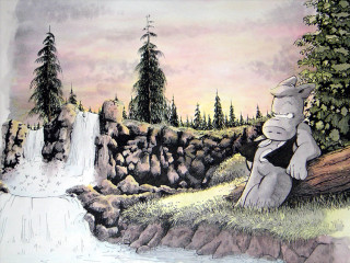 Bear sitting log waterfall trees - bertram brooker free wallpaper for desktop