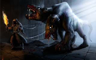 Demonic dog fire breathing chained - chris rallis free wallpaper