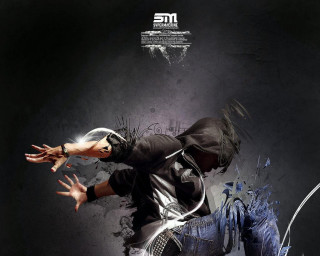 Man black shirt jeans jumping - his hands out free wallpaper